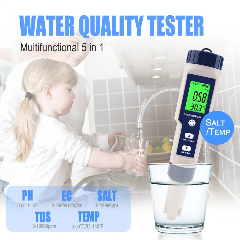 Medidor Digital 5 en 1 de Calidad del Agua