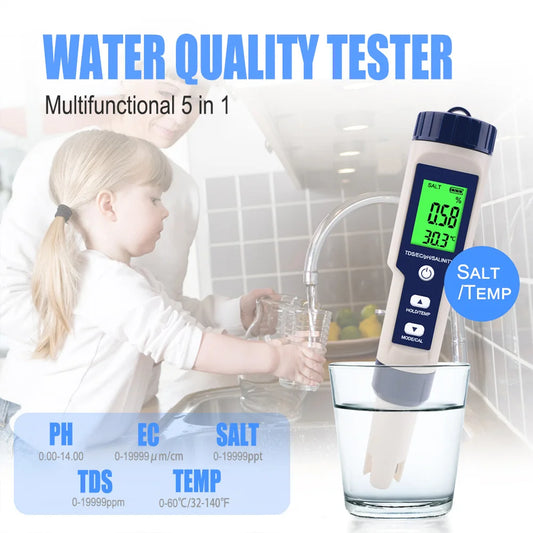 Medidor Digital 5 en 1 de Calidad del Agua